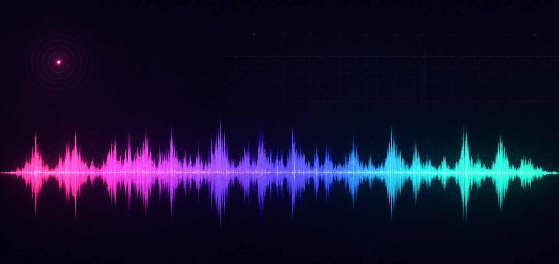 Glowing audio waveform fading from magenta through purple to cyan, with a faint downbeat indicator pulsing in the upper left and tempo markers visible in the upper right.
