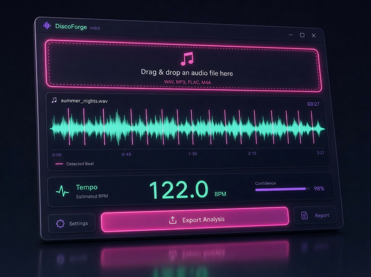 DiscoForge desktop UI showing a drag-and-drop zone, a cyan waveform with magenta detected-beat markers, a 122.0 BPM tempo readout, a confidence bar at 98%, and a magenta Export Analysis button.